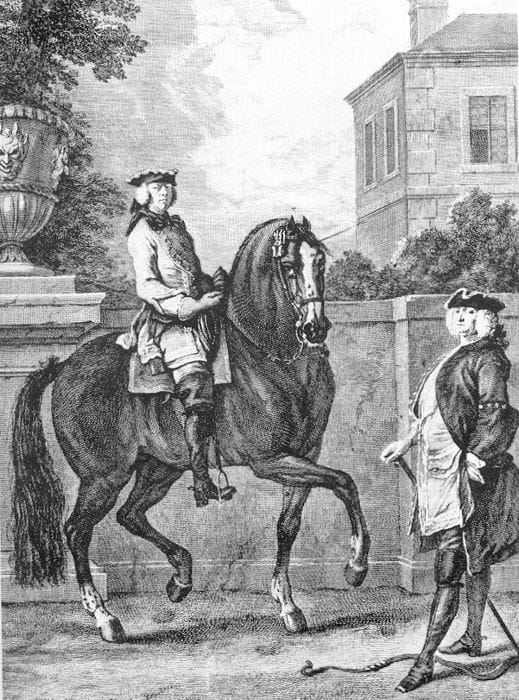illustration en noir et blanc : Le rassembler de l'auteur La guérinière , source Ecole de cavalerie ed 1733