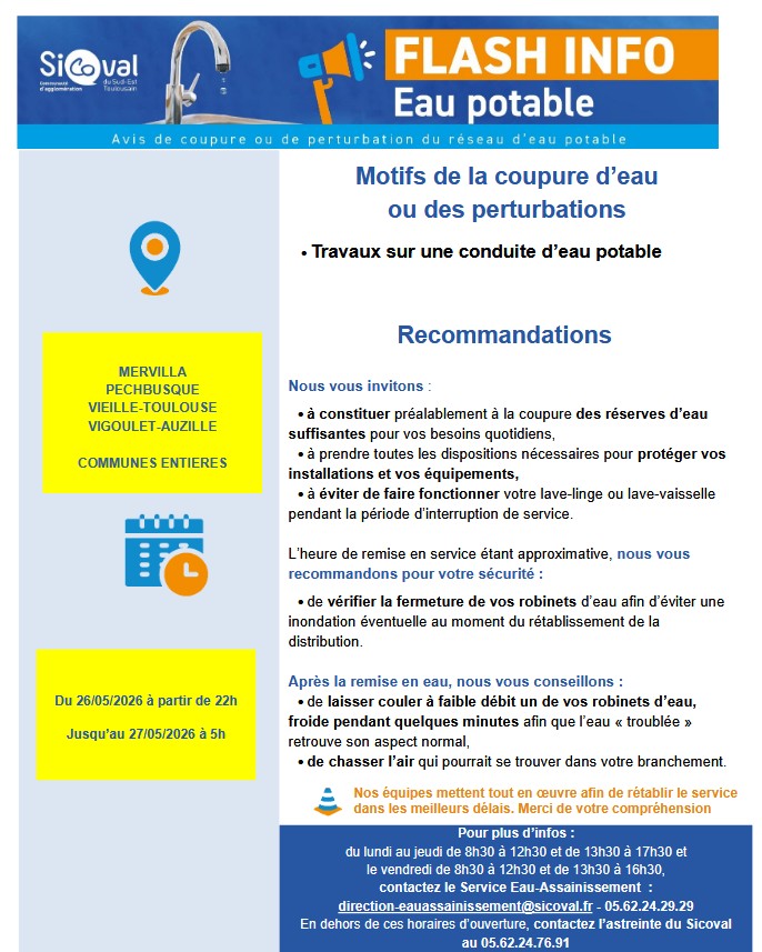 Coupure eau du 26 mai 22H au 27 mai à 5H